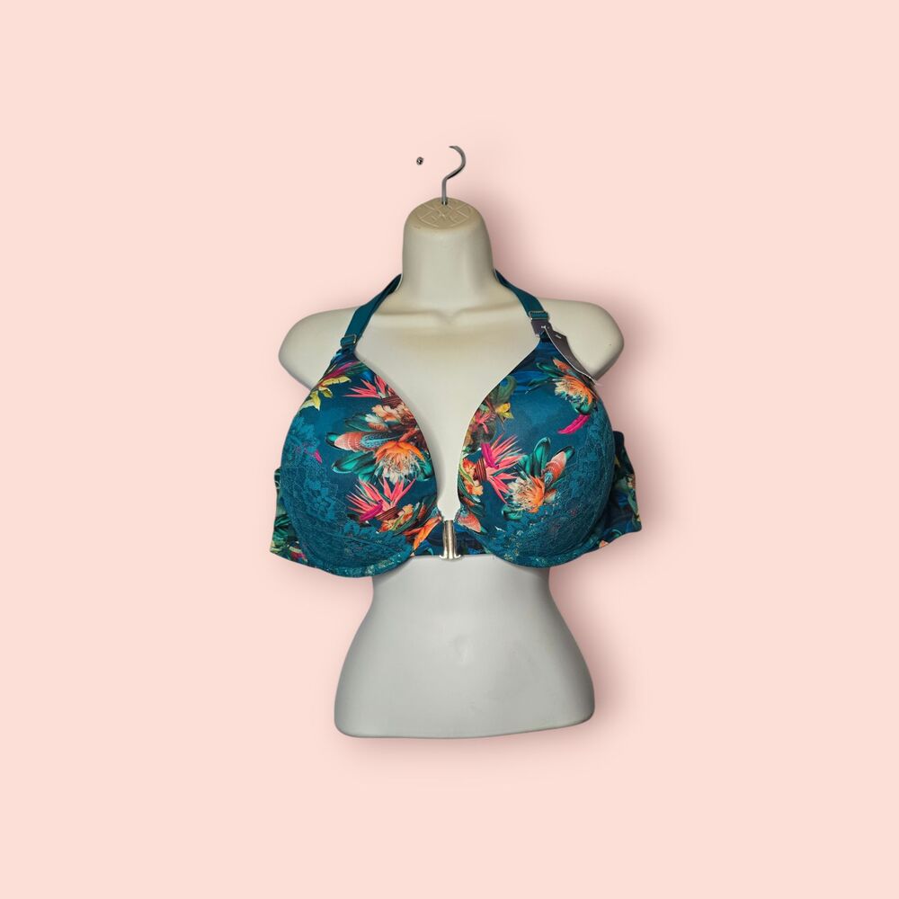 Cacique Front Close Boost Plunge Bra Strappy Back Tropical Eden Harbor Blue 46DD